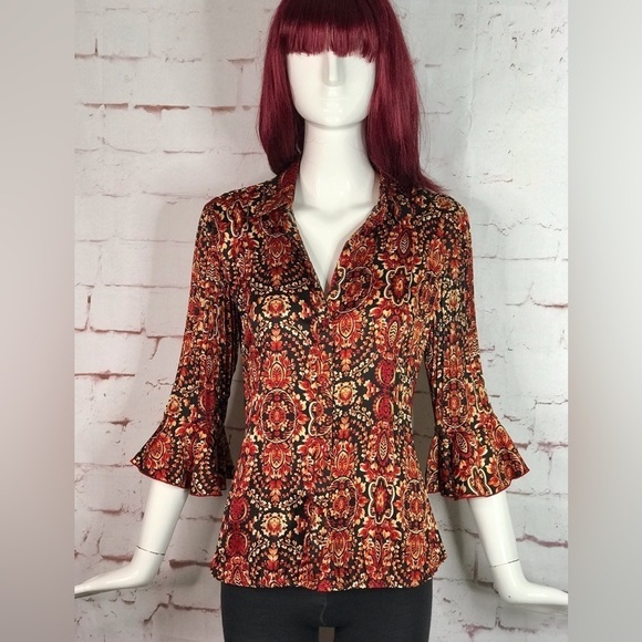 ESSENTIALS By MILANO Pleated S 3/4 Bell Sleeve Rust Cream Black Print Blouse - Picture 13 of 13